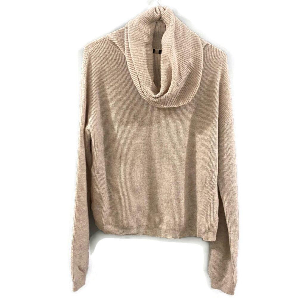 Theory Cowl Neck Ribbed Cropped Sweater - Tan M
